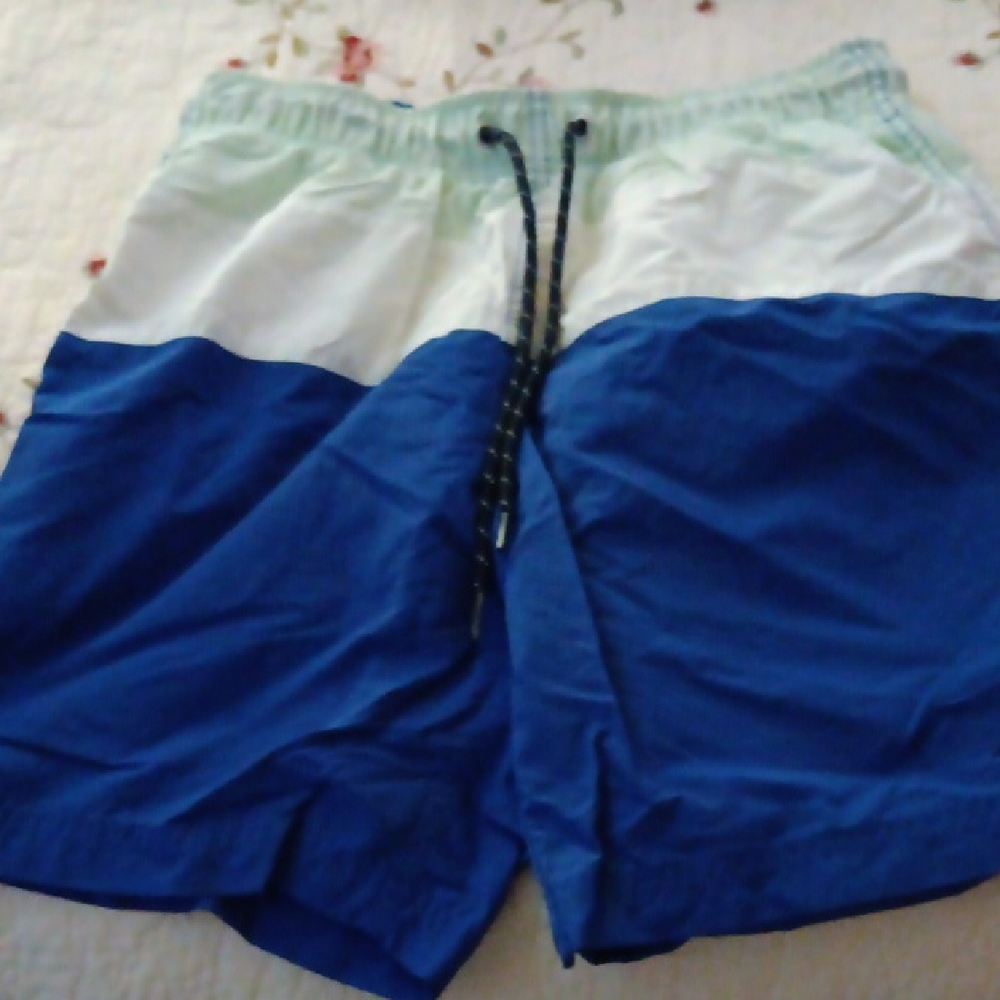 Nautica Blue and White Swim Trunks with Green Accent